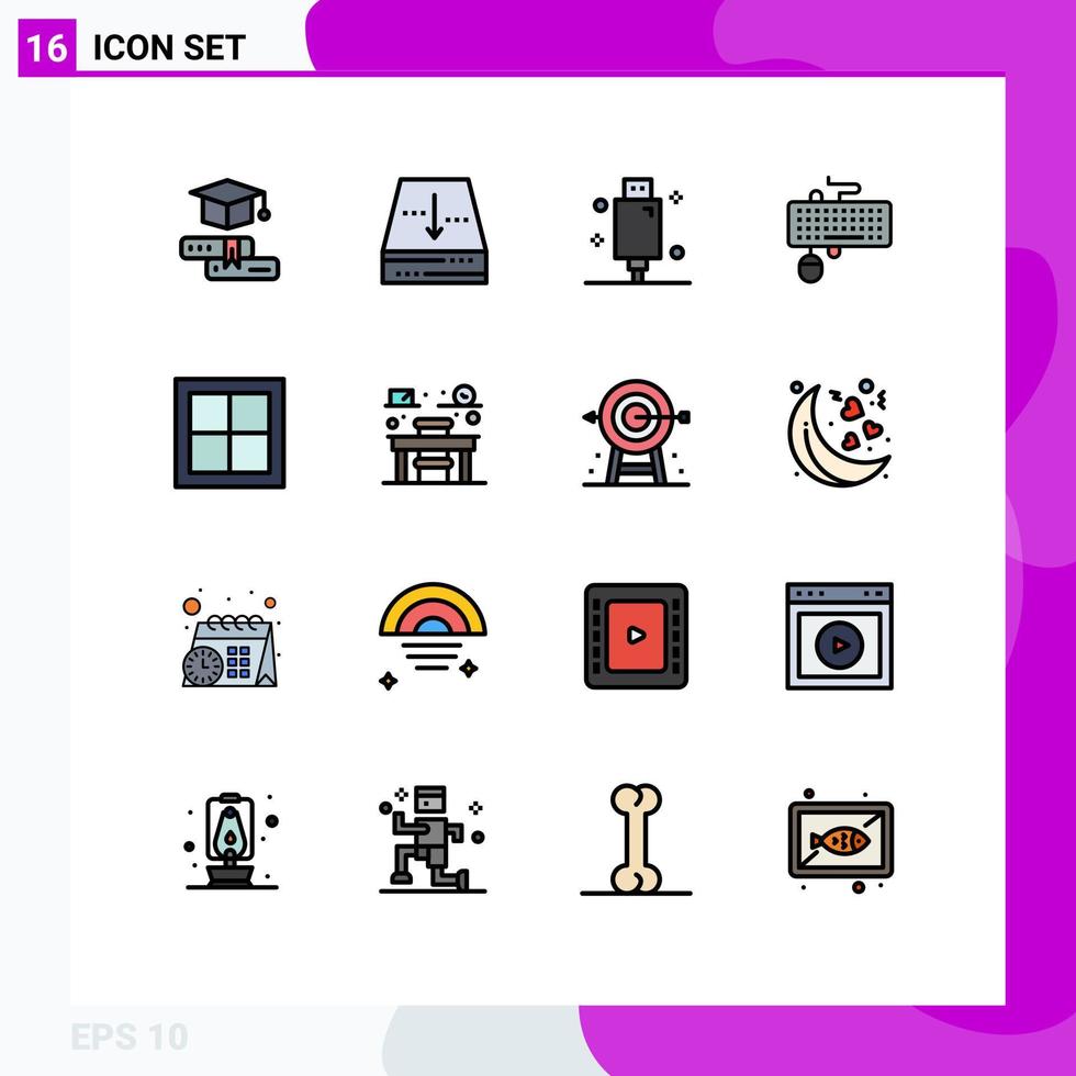 User Interface Pack of 16 Basic Flat Color Filled Lines of obsolete keyboard cable interface equipment Editable Creative Vector Design Elements