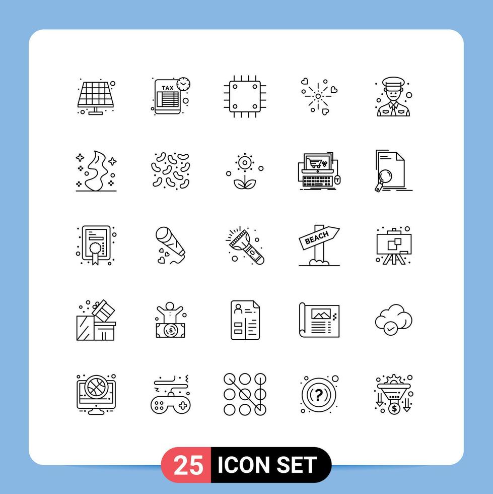Set of 25 Commercial Lines pack for military love computers heart fireworks Editable Vector Design Elements