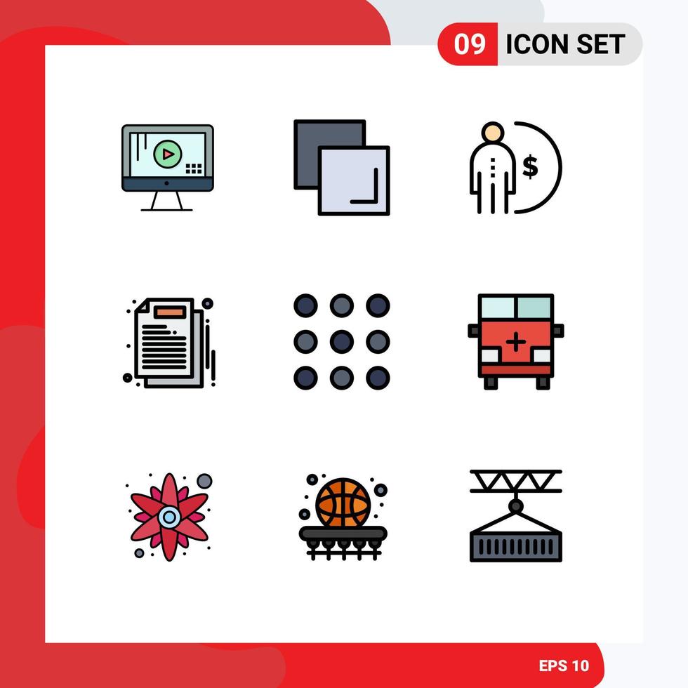 Set of 9 Vector Filledline Flat Colors on Grid for dial work finance paper business Editable Vector Design Elements