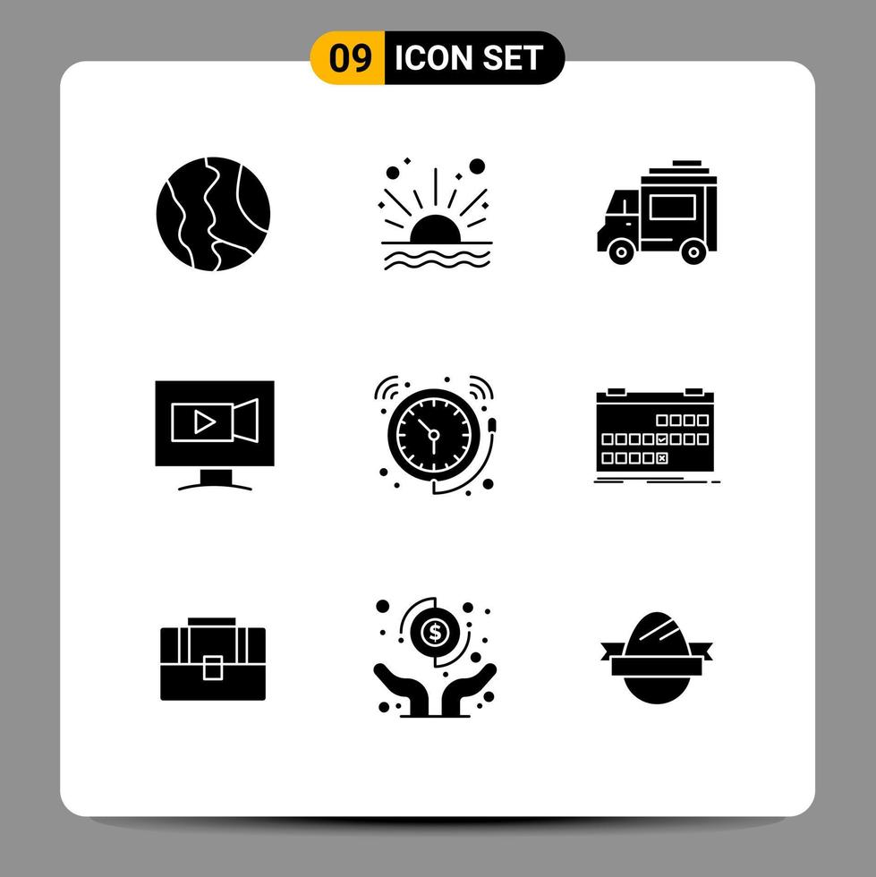 Solid Glyph Pack of 9 Universal Symbols of alarm video beach screen transport Editable Vector Design Elements