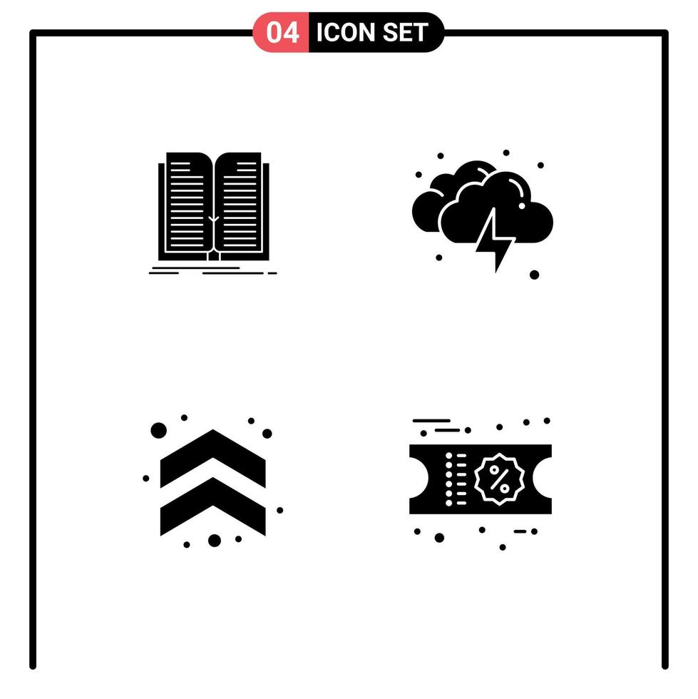 Editable Vector Line Pack of 4 Simple Solid Glyphs of application arrows book thunder direction Editable Vector Design Elements