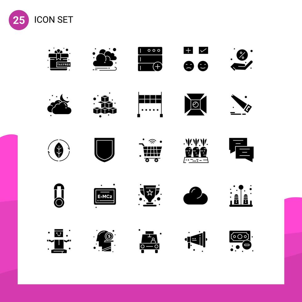 Mobile Interface Solid Glyph Set of 25 Pictograms of cloud sale new discount tick Editable Vector Design Elements