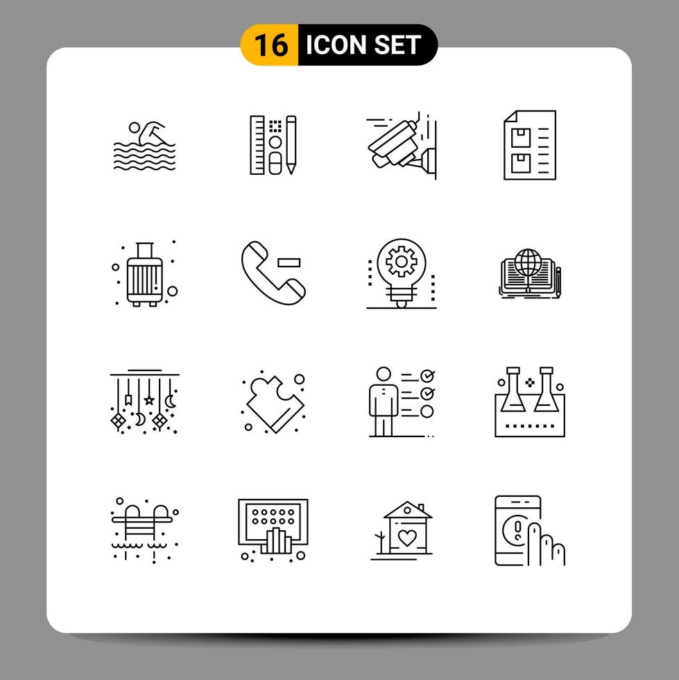 Group of 16 Outlines Signs and Symbols for baggage list education document check Editable Vector Design Elements