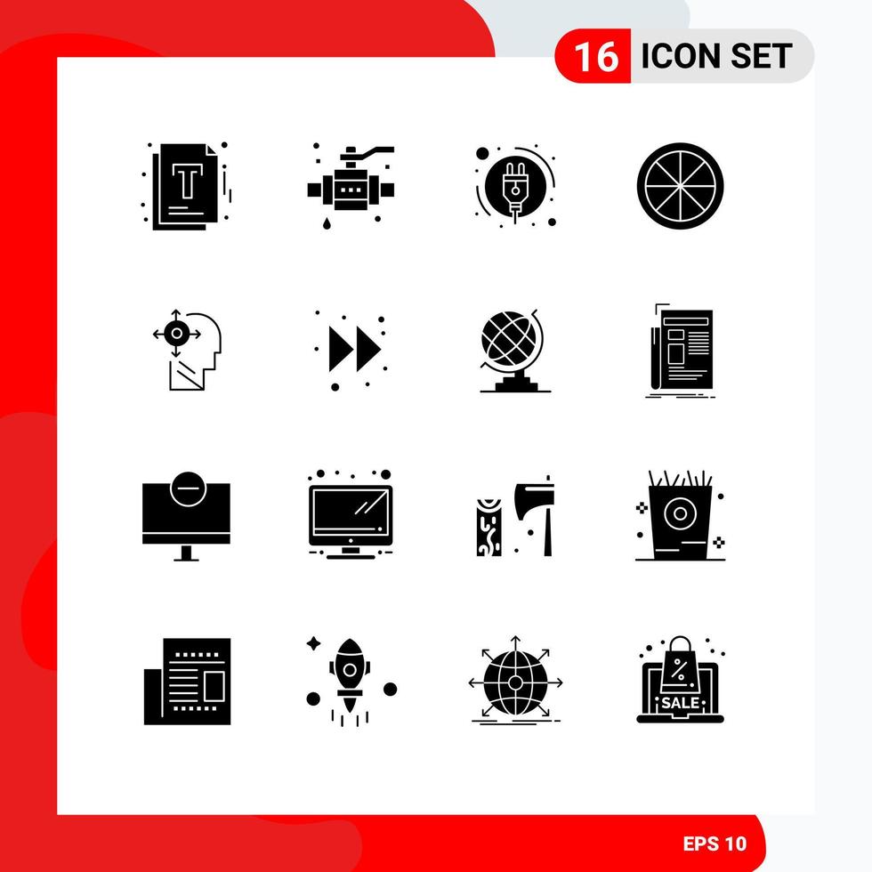 16 Universal Solid Glyphs Set for Web and Mobile Applications head transform energy consumption mind food Editable Vector Design Elements