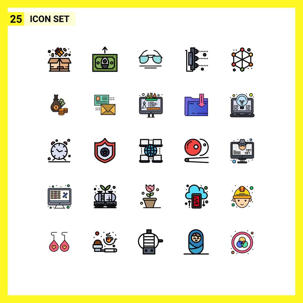Set of 25 Vector Filled line Flat Colors on Grid for server analytics eye scanner printing Editable Vector Design Elements