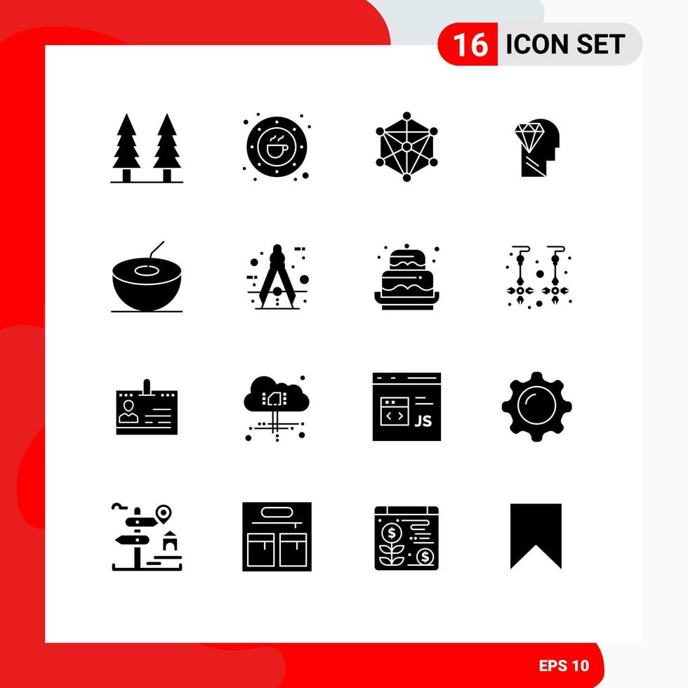 Universal Icon Symbols Group of 16 Modern Solid Glyphs of coconut diamond plate perfection machine Editable Vector Design Elements