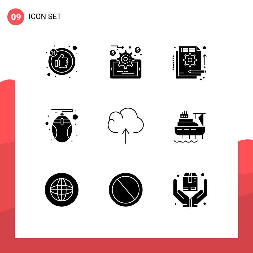 Modern Set of 9 Solid Glyphs Pictograph of upload cloud funding technology hardware Editable Vector Design Elements