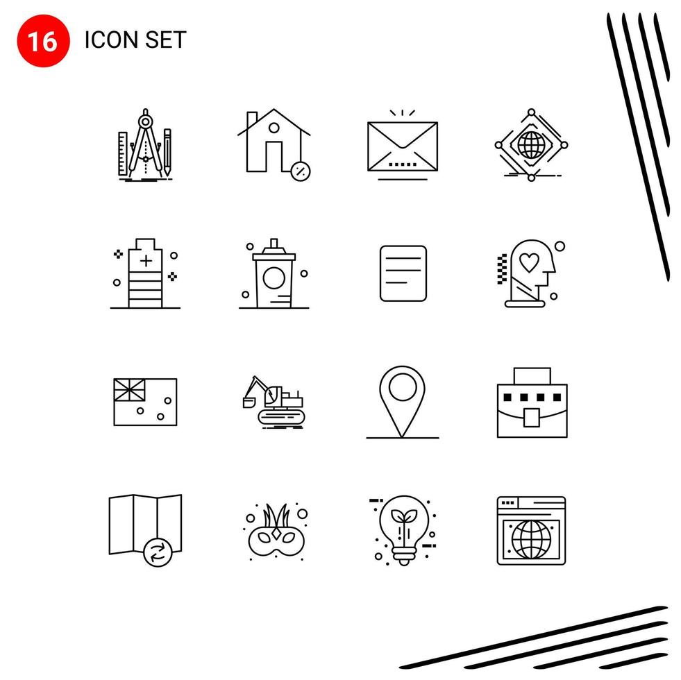 Editable Vector Line Pack of 16 Simple Outlines of net global house complex mail Editable Vector Design Elements