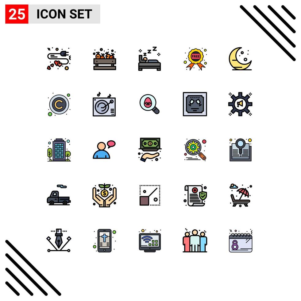 Modern Set of 25 Filled line Flat Colors Pictograph of night farming bed offer badge Editable Vector Design Elements