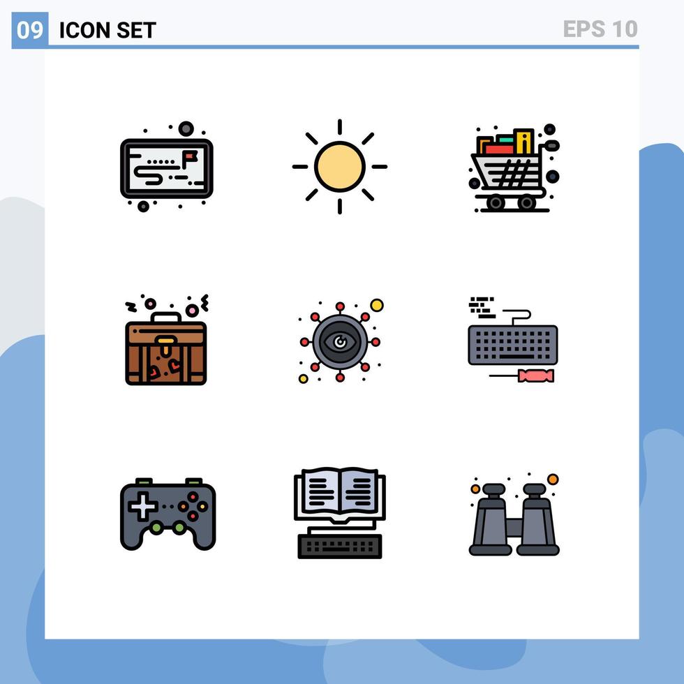 conjunto de pictogramas de 9 colores planos de línea rellena simple de elementos clave de diseño de vectores editables de compras de marketing ojo amor