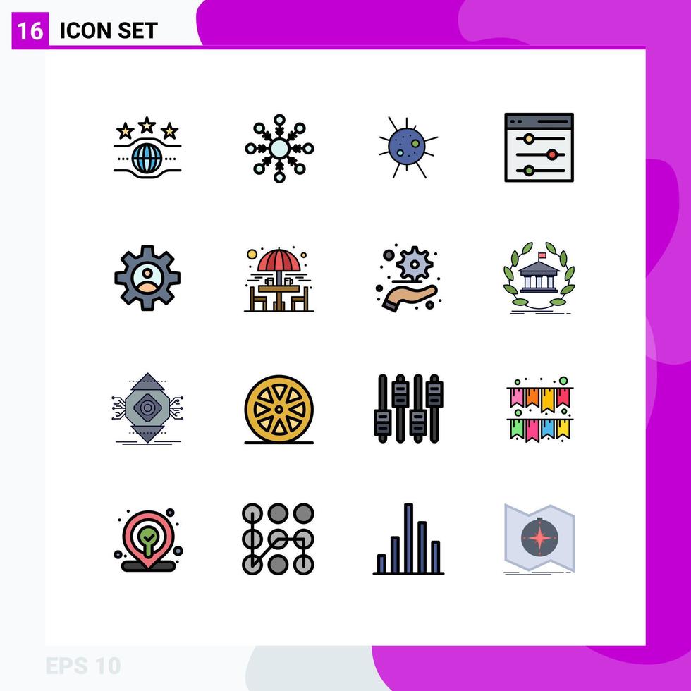 User Interface Pack of 16 Basic Flat Color Filled Lines of use controls disease gear settings Editable Creative Vector Design Elements