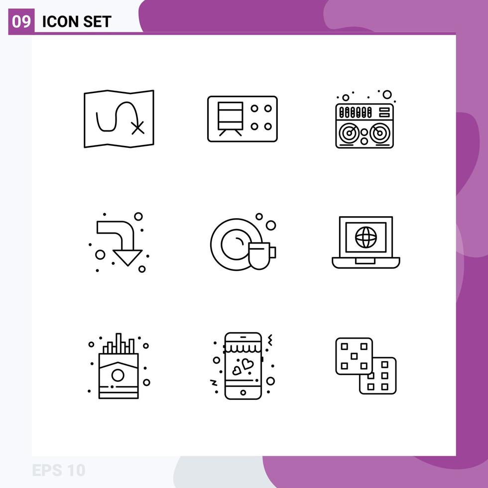 User Interface Pack of 9 Basic Outlines of globe laptop music cleaning dish Editable Vector Design Elements