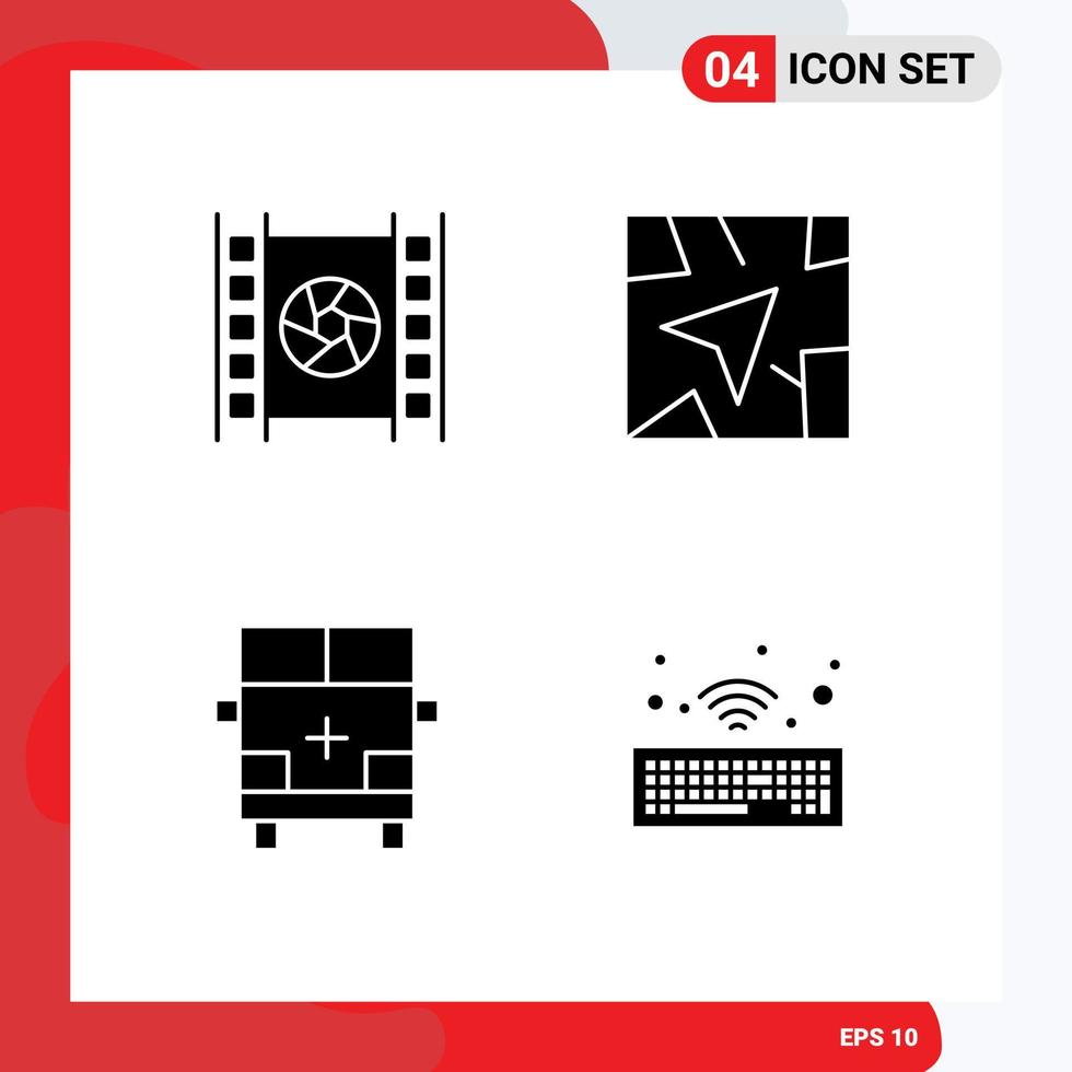 Universal Icon Symbols Group of 4 Modern Solid Glyphs of film outline multimedia route vehicles Editable Vector Design Elements