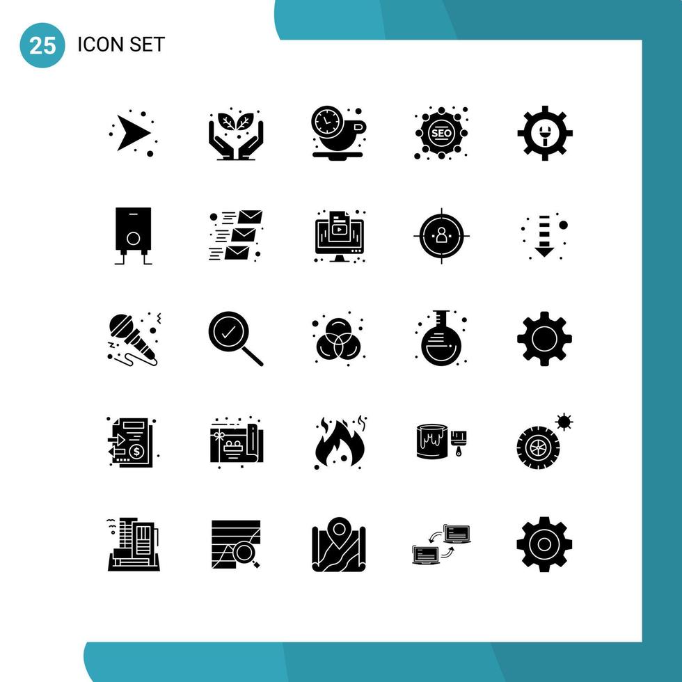 User Interface Pack of 25 Basic Solid Glyphs of boiler setting coffee gear strategy Editable Vector Design Elements