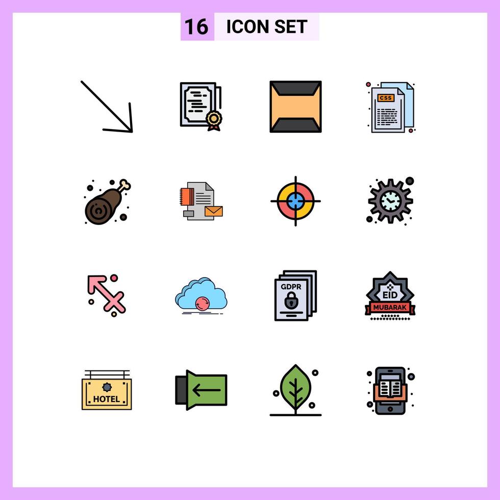16 Universal Flat Color Filled Lines Set for Web and Mobile Applications chicken drumstick documents style css Editable Creative Vector Design Elements
