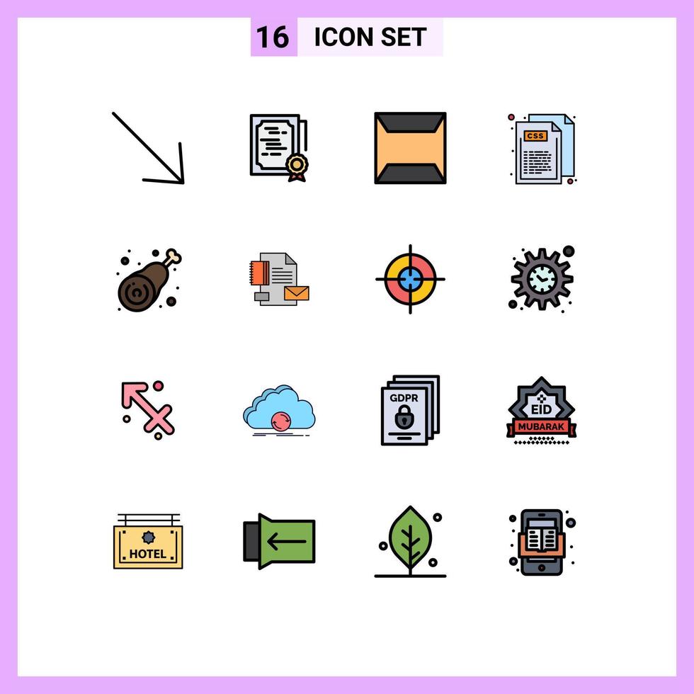 16 líneas llenas de colores planos universales establecidas para aplicaciones web y móviles documentos de baquetas de pollo estilo css elementos de diseño de vectores creativos editables