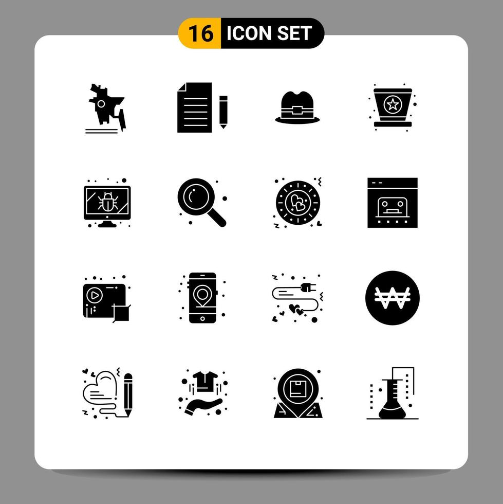 Mobile Interface Solid Glyph Set of 16 Pictograms of screen bug hat star hat Editable Vector Design Elements
