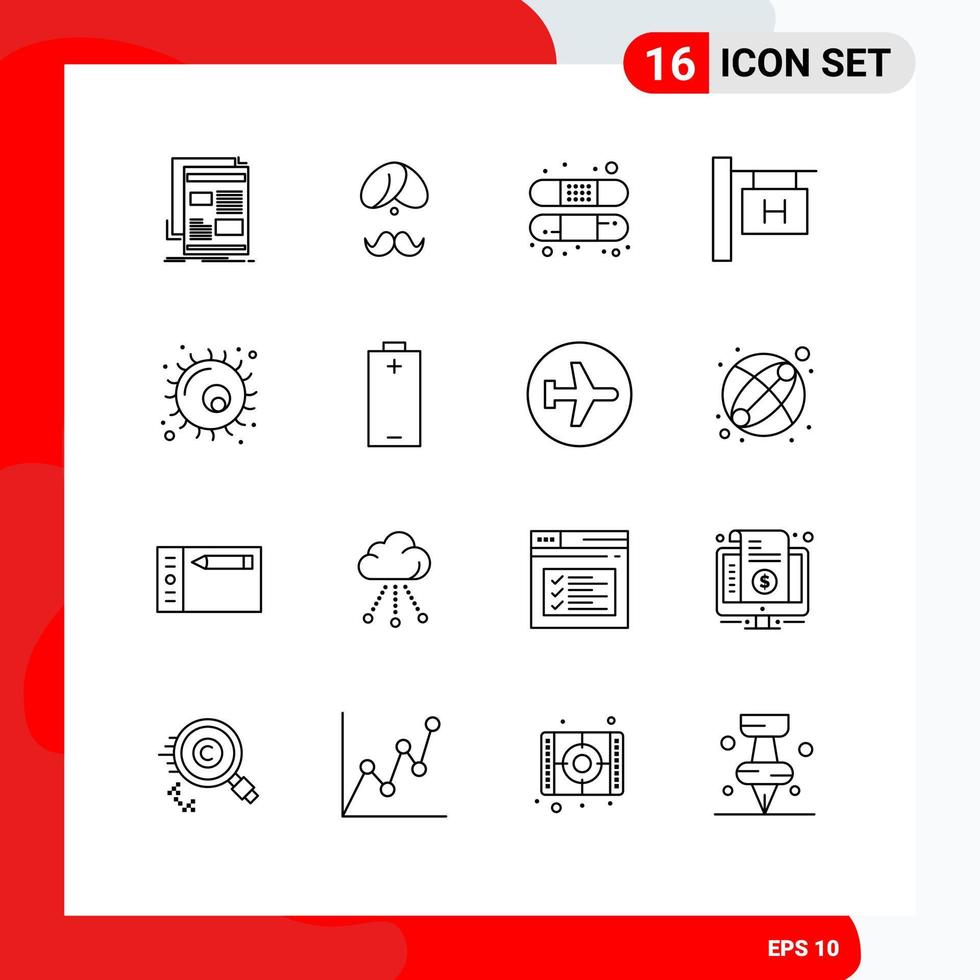 Pack of 16 Modern Outlines Signs and Symbols for Web Print Media such as travel treatment man bandage aid Editable Vector Design Elements