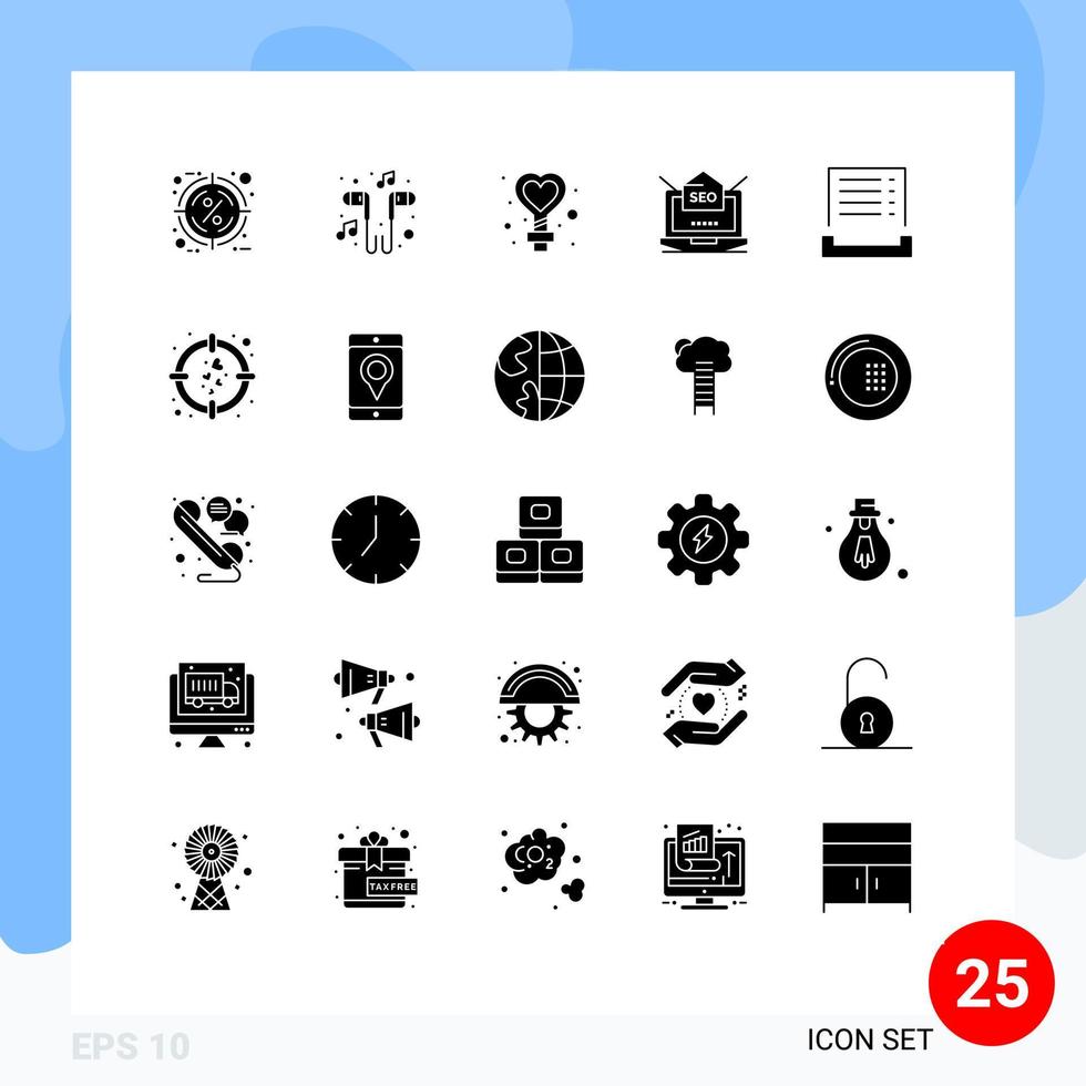 Pack of 25 Modern Solid Glyphs Signs and Symbols for Web Print Media such as mail laptop smartphone seo sign Editable Vector Design Elements