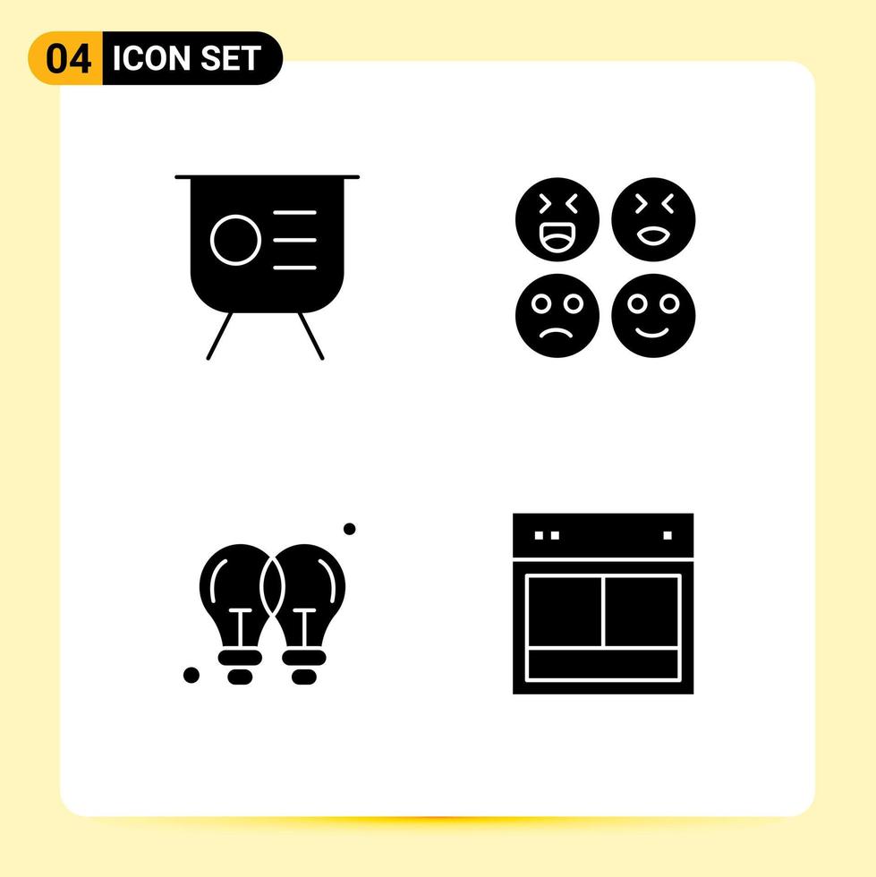 Mobile Interface Solid Glyph Set of 4 Pictograms of finance idea performance happy light bulb Editable Vector Design Elements