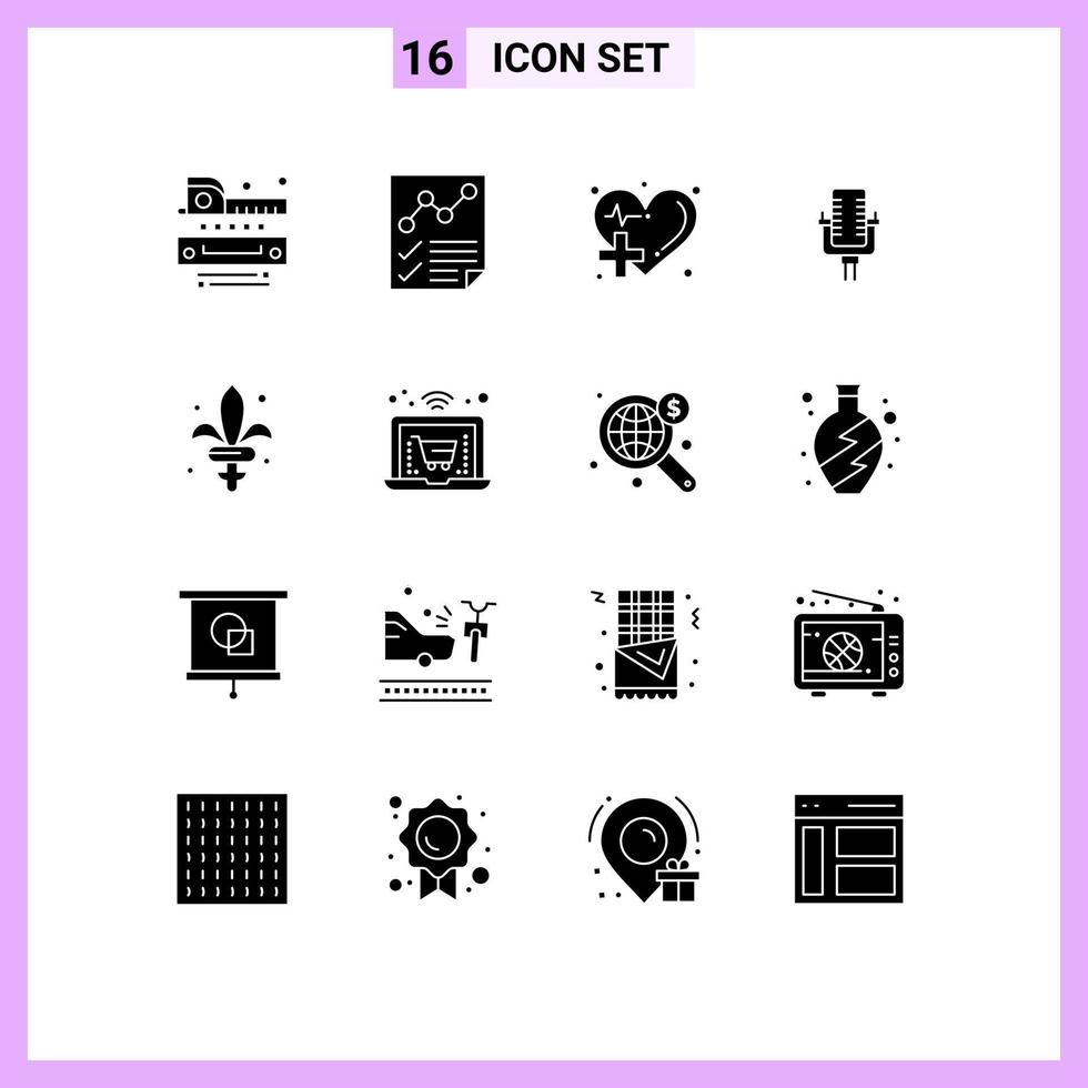 Pack of 16 Modern Solid Glyphs Signs and Symbols for Web Print Media such as song multimedia report microphone medical Editable Vector Design Elements