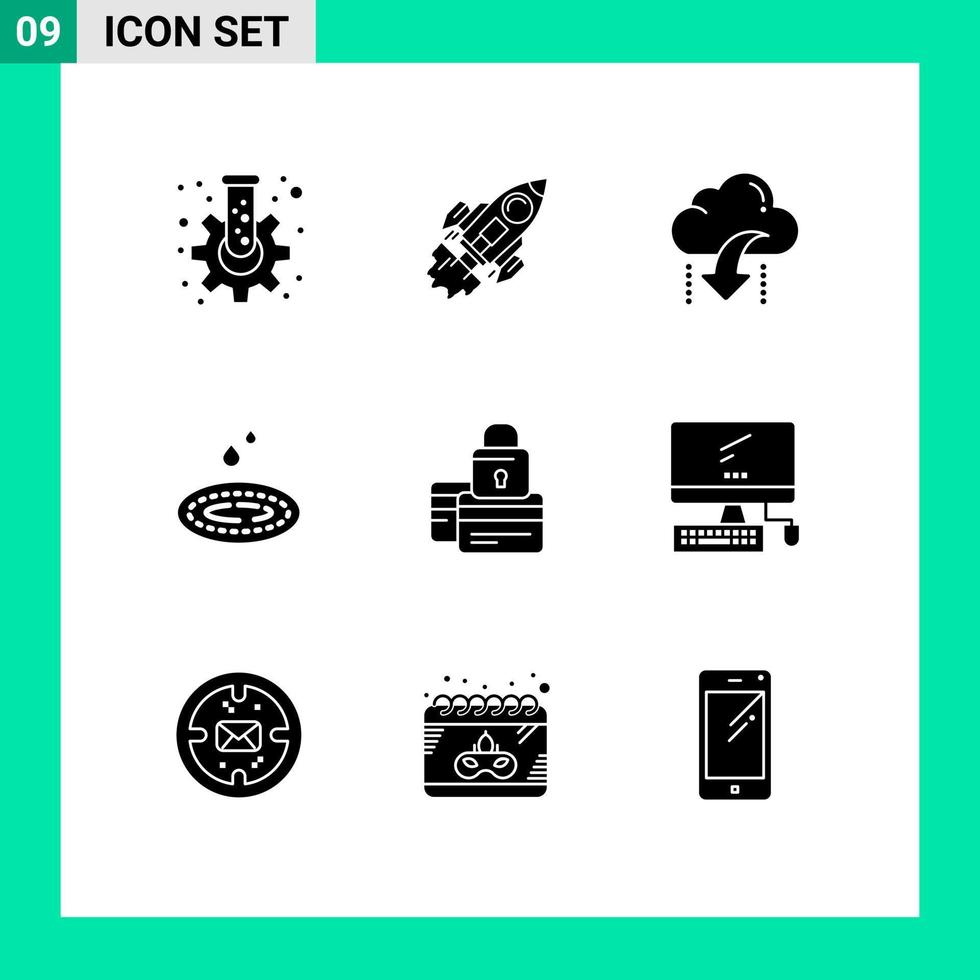 Pack of 9 creative Solid Glyphs of droop rain mission data down Editable Vector Design Elements