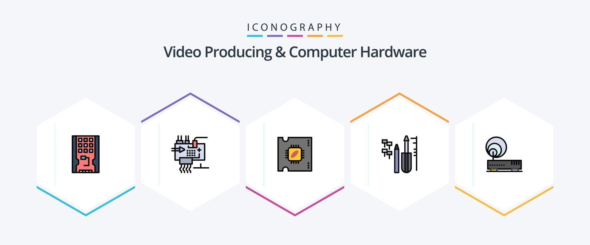 paquete de iconos de 25 líneas completas de producción de video y hardware de computadora que incluye equipo. costumbre. ingeniería. reparar procesador vector