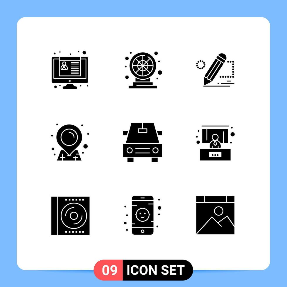 9 Universal Solid Glyphs Set for Web and Mobile Applications vehicles sticky pencil map draw Editable Vector Design Elements