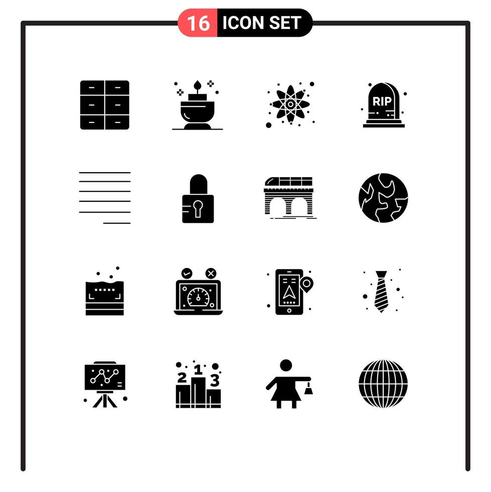 Modern Set of 16 Solid Glyphs Pictograph of locked text react left tombstone Editable Vector Design Elements