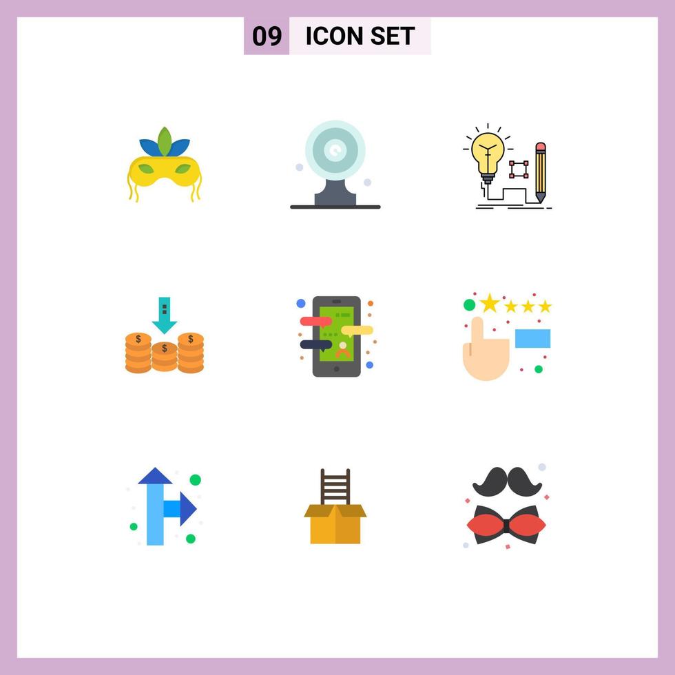 Flat Color Pack of 9 Universal Symbols of down cash target board coins lamp Editable Vector Design Elements