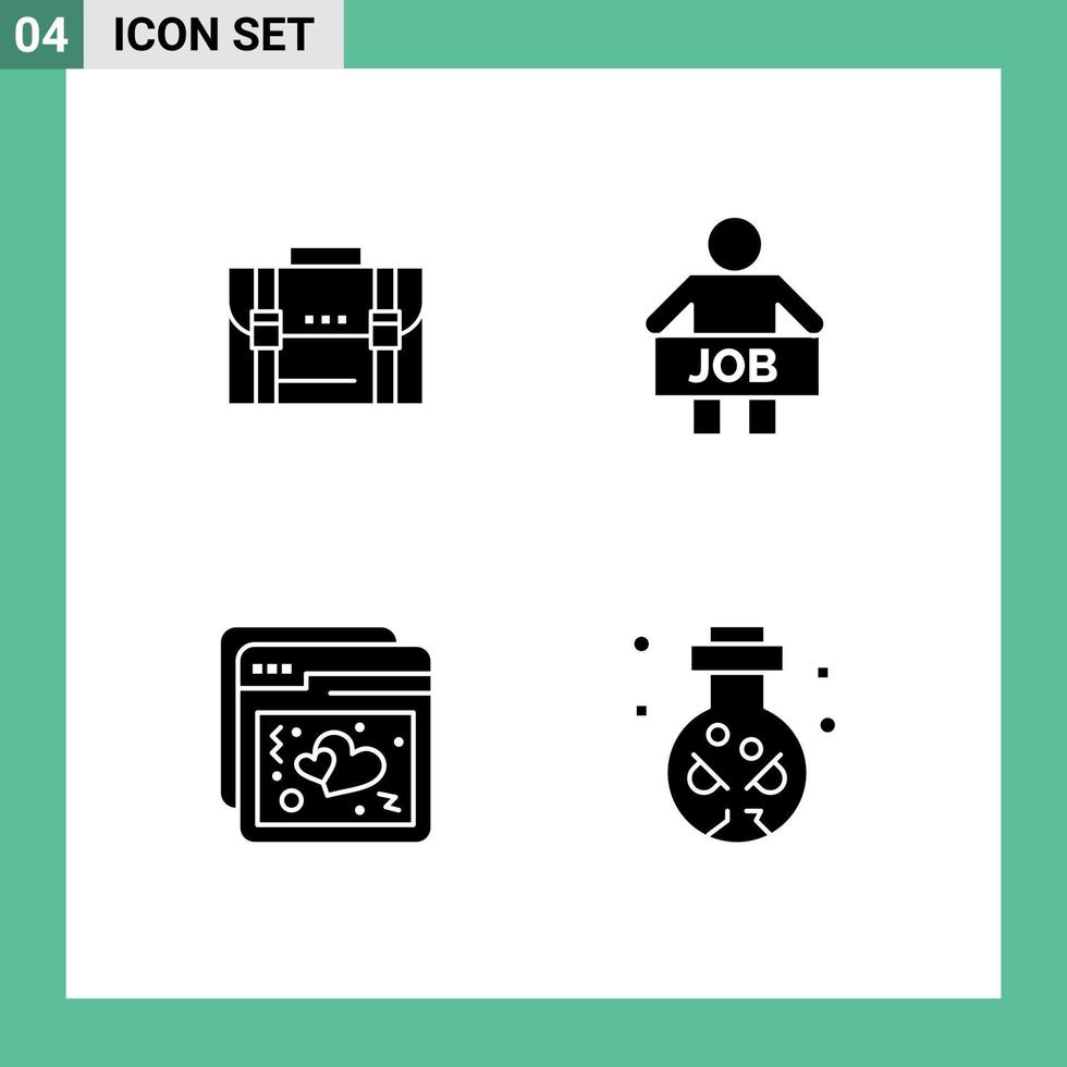 Set of 4 Vector Solid Glyphs on Grid for briefcase office documents suitcase worker Editable Vector Design Elements