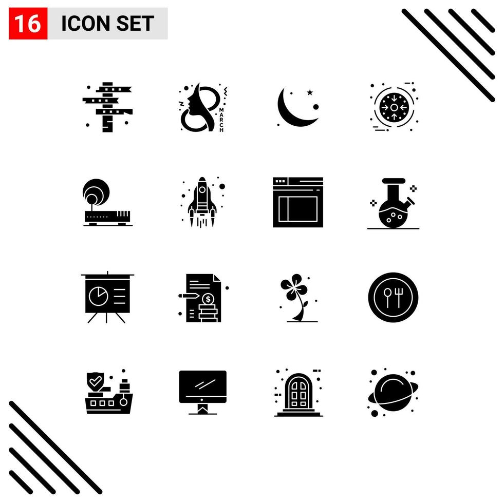 Pack of 16 Modern Solid Glyphs Signs and Symbols for Web Print Media such as processing business symbol ramadan moon Editable Vector Design Elements