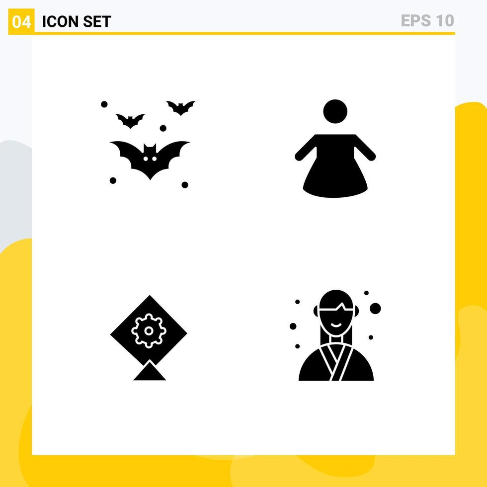 Pack of 4 creative Solid Glyphs of bat event night kite organizer Editable Vector Design Elements