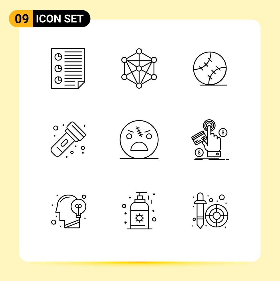 Outline Pack of 9 Universal Symbols of dead light machine flashlight stiched Editable Vector Design Elements