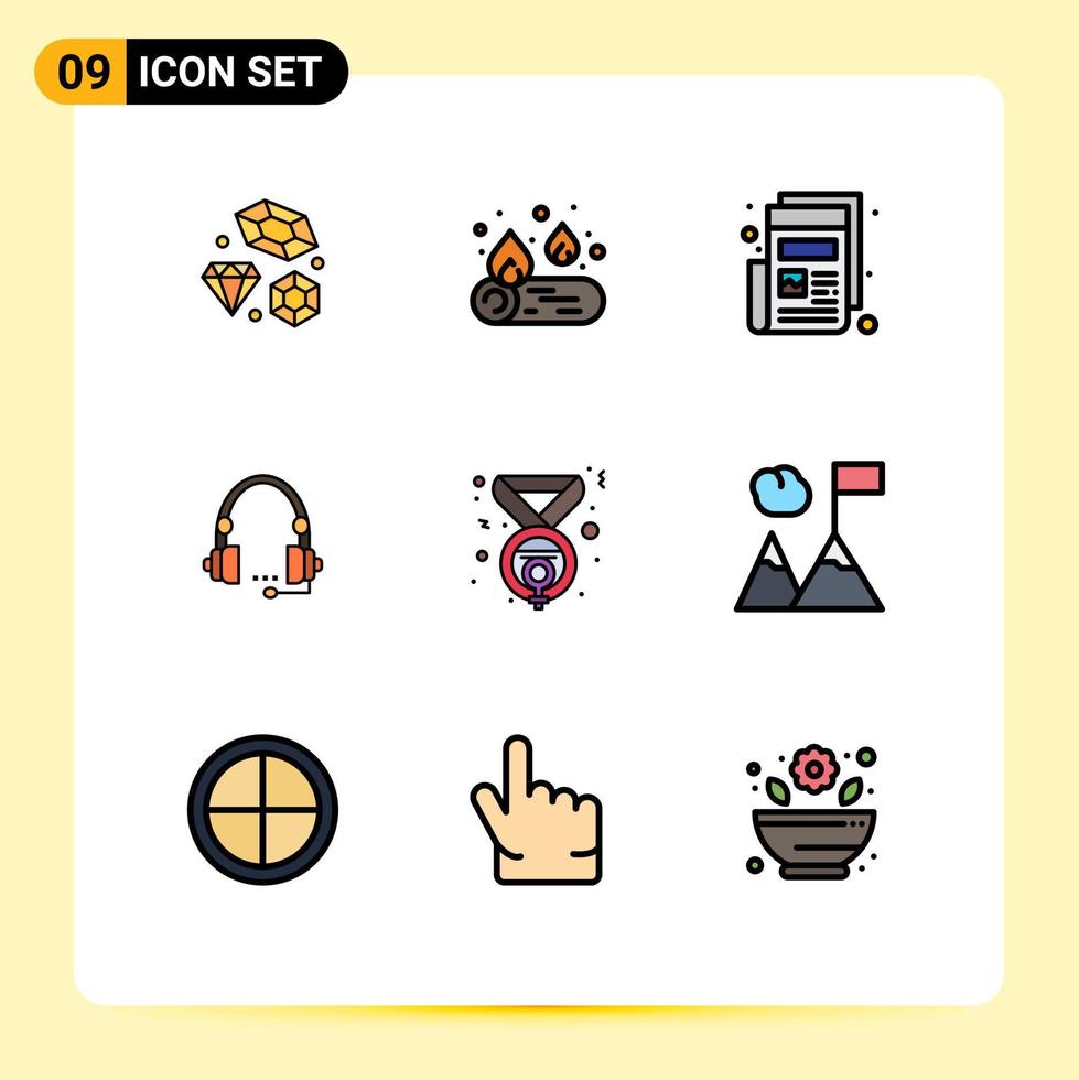 9 Thematic Vector Filledline Flat Colors and Editable Symbols of service headset newspaper contact call Editable Vector Design Elements