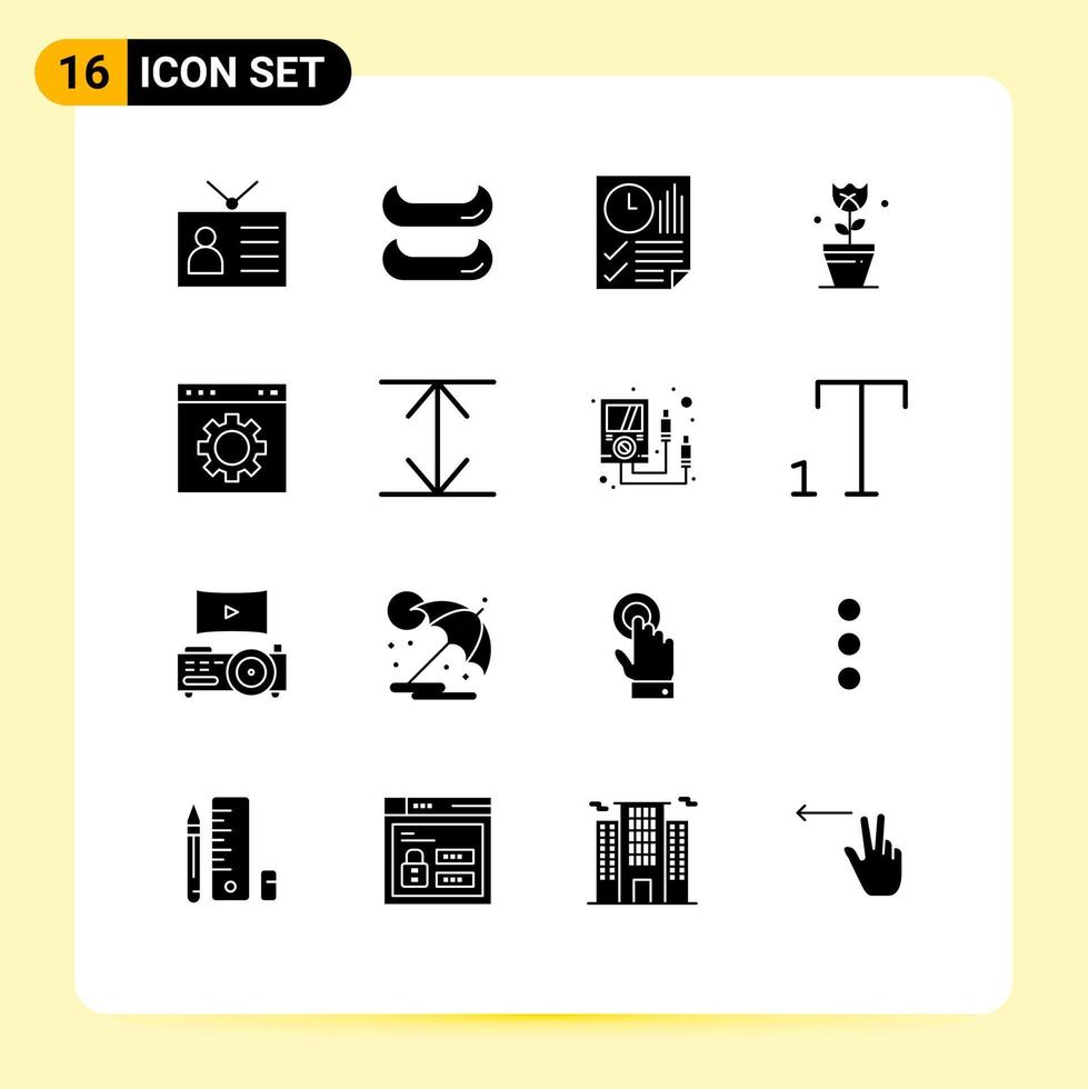 Modern Set of 16 Solid Glyphs Pictograph of gear tulip document plant decoration Editable Vector Design Elements