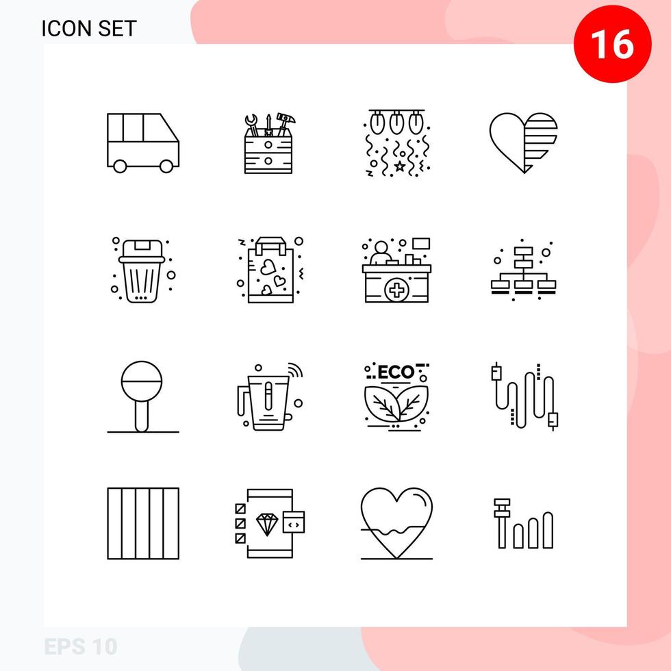 Outline Pack of 16 Universal Symbols of gift like bulb love string Editable Vector Design Elements