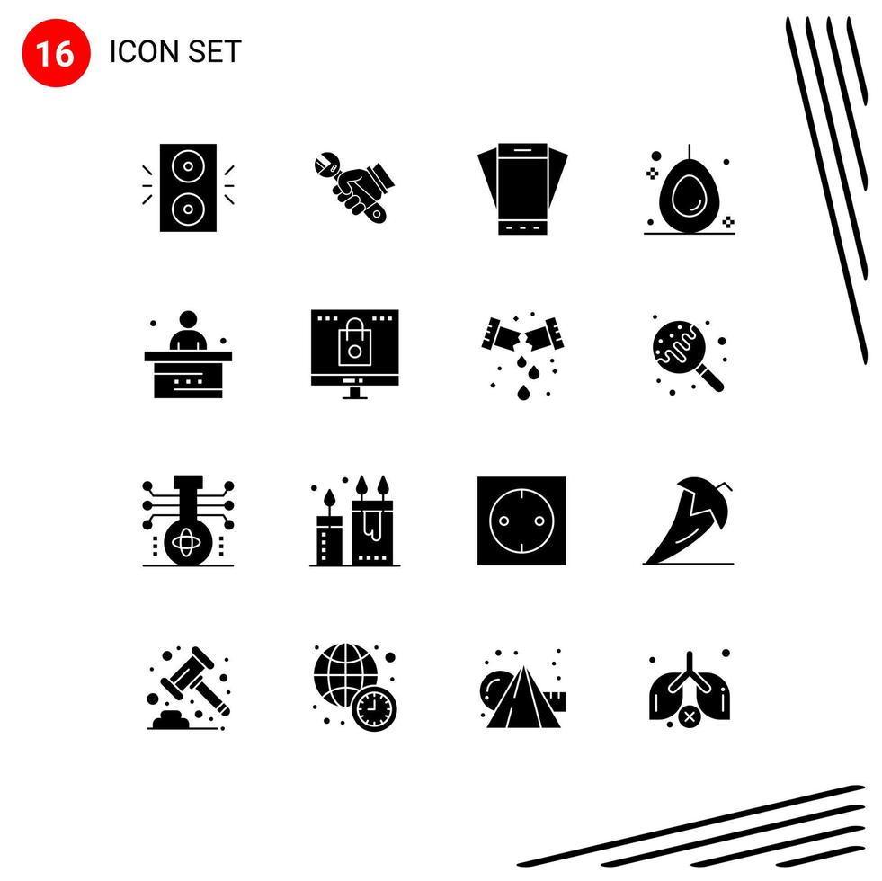 16 Thematic Vector Solid Glyphs and Editable Symbols of classroom food hand avocado smartphone Editable Vector Design Elements