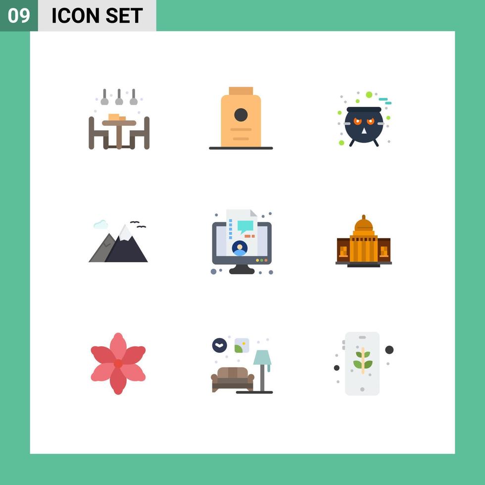 Pictogram Set of 9 Simple Flat Colors of coaching travel board scenery mountains Editable Vector Design Elements