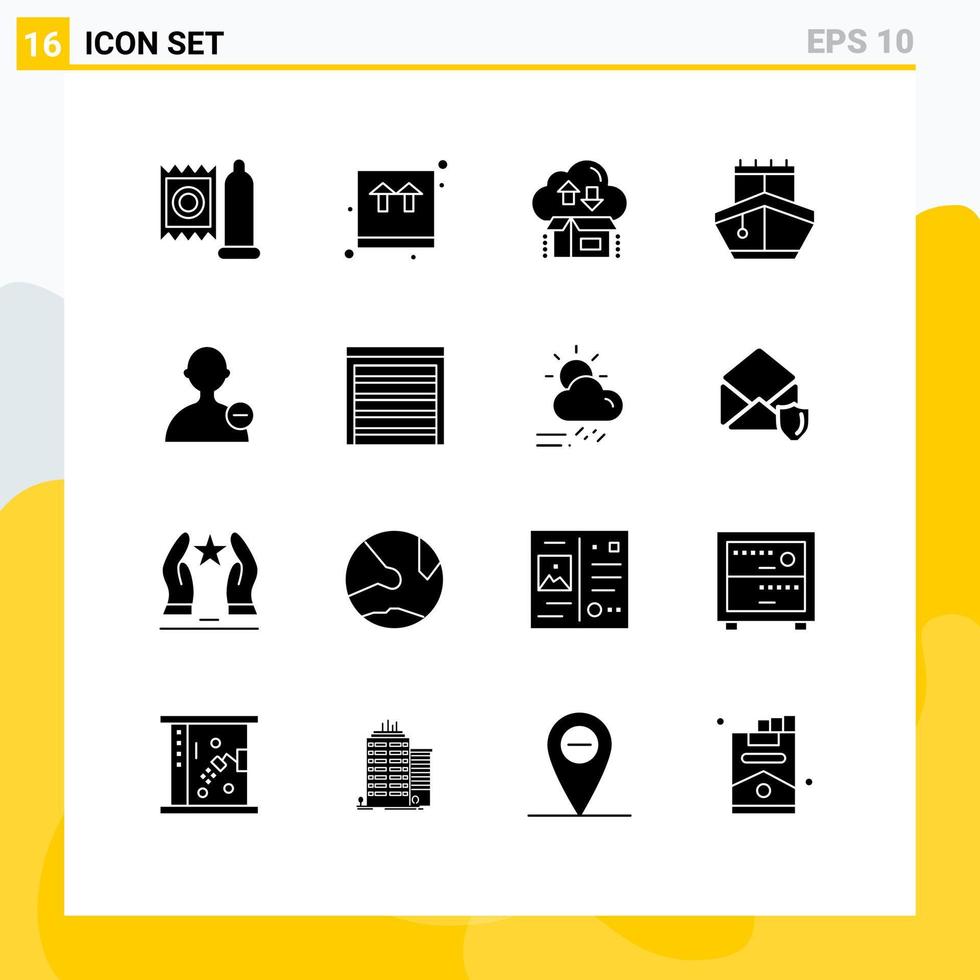 Group of 16 Solid Glyphs Signs and Symbols for basic transportation box transport arrow Editable Vector Design Elements