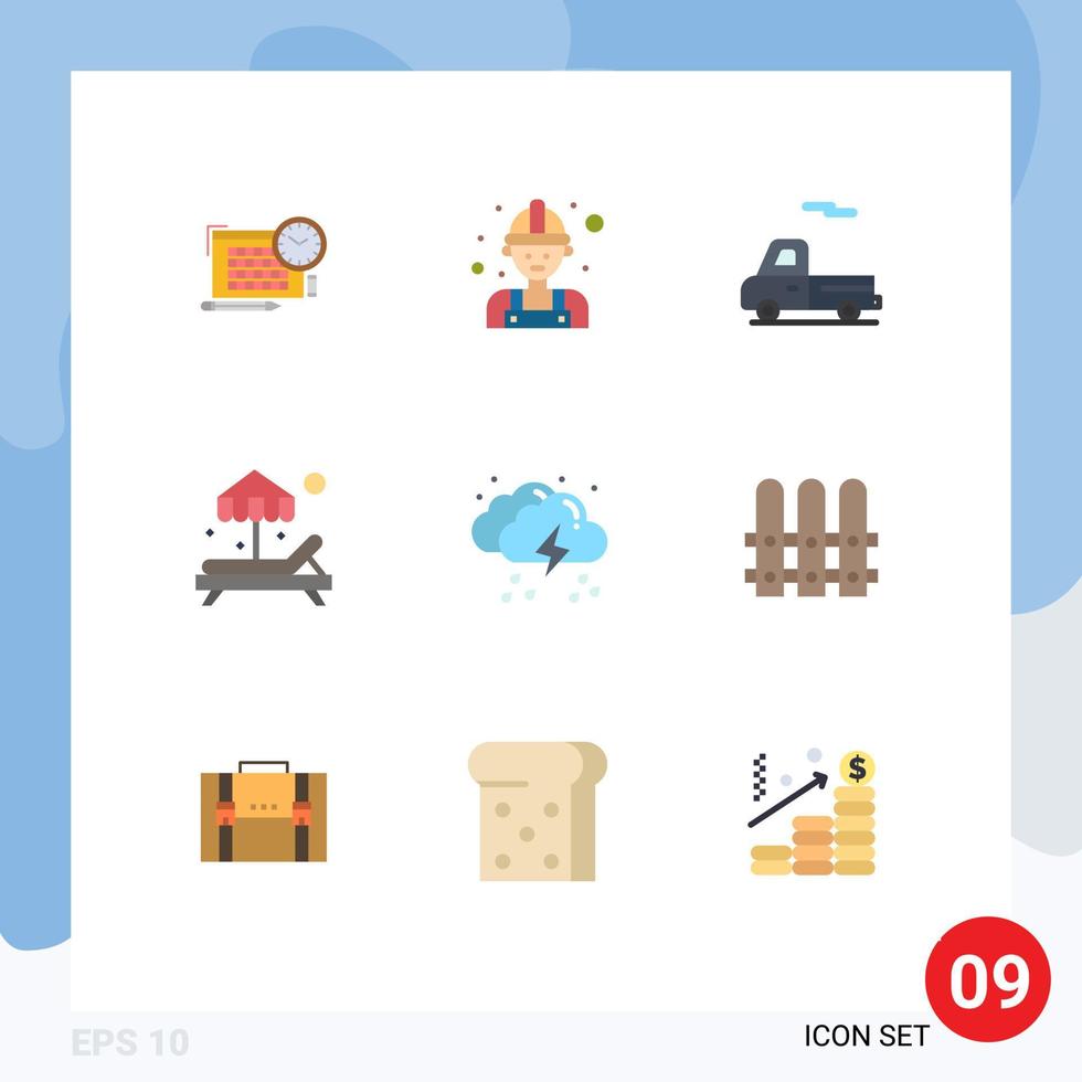 Set of 9 Commercial Flat Colors pack for weather drop car cloud paradise Editable Vector Design Elements