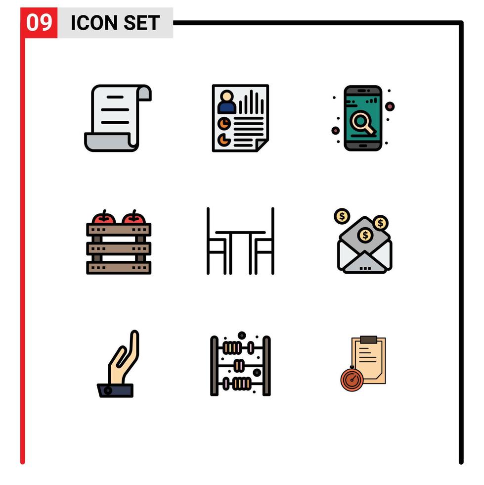9 Universal Filledline Flat Colors Set for Web and Mobile Applications chair food app dinner apple Editable Vector Design Elements