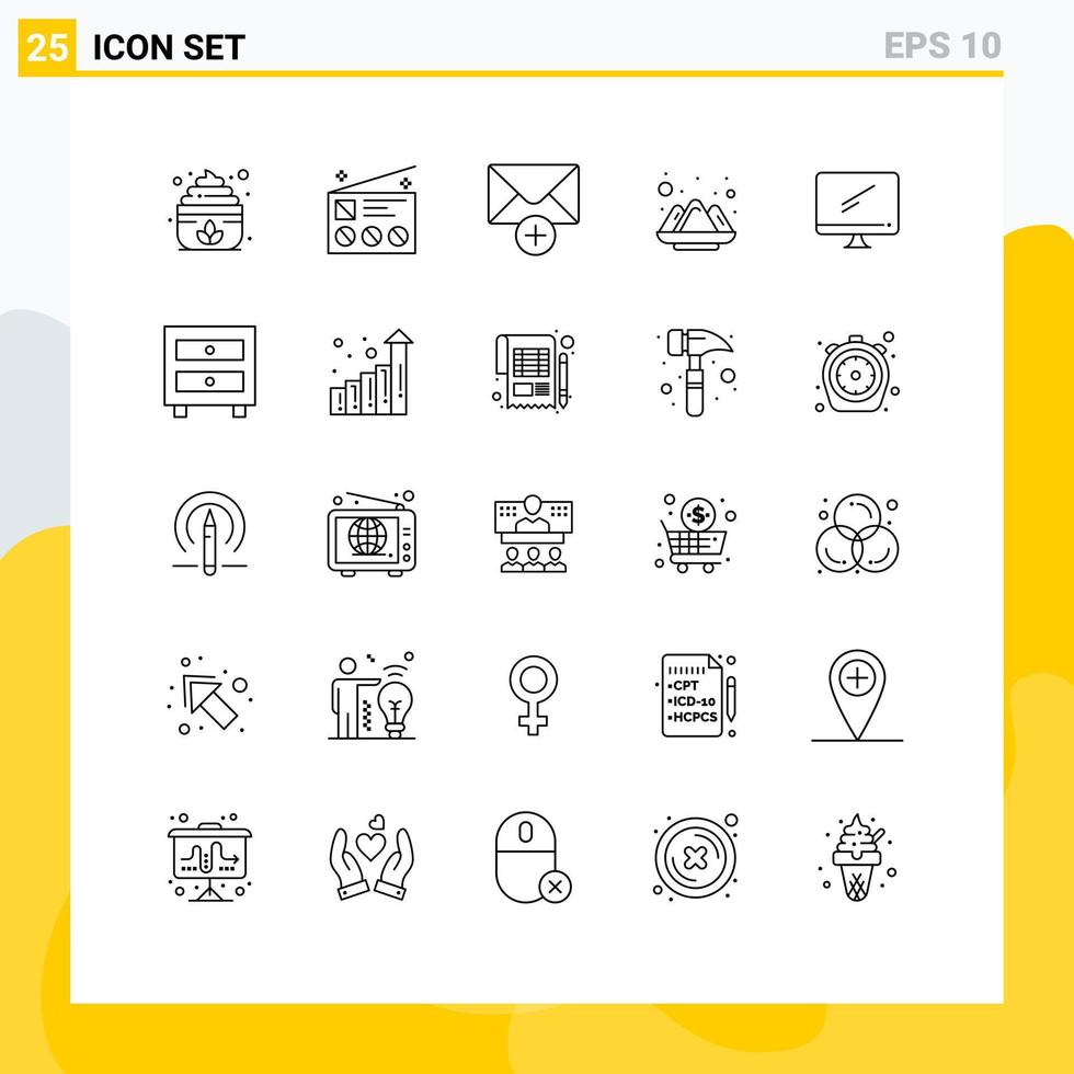 25 User Interface Line Pack of modern Signs and Symbols of device computer mail powder holi Editable Vector Design Elements