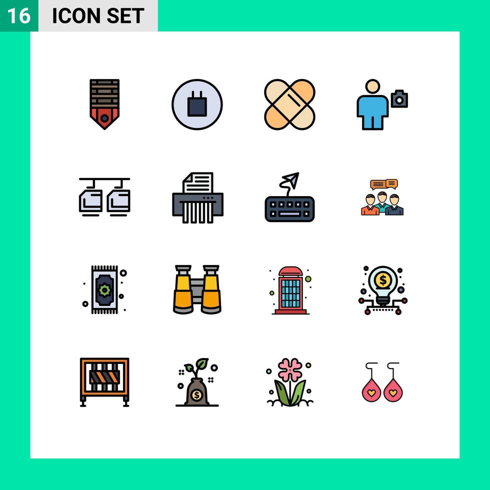 Modern Set of 16 Flat Color Filled Lines and symbols such as transportation cable patch photo camera Editable Creative Vector Design Elements