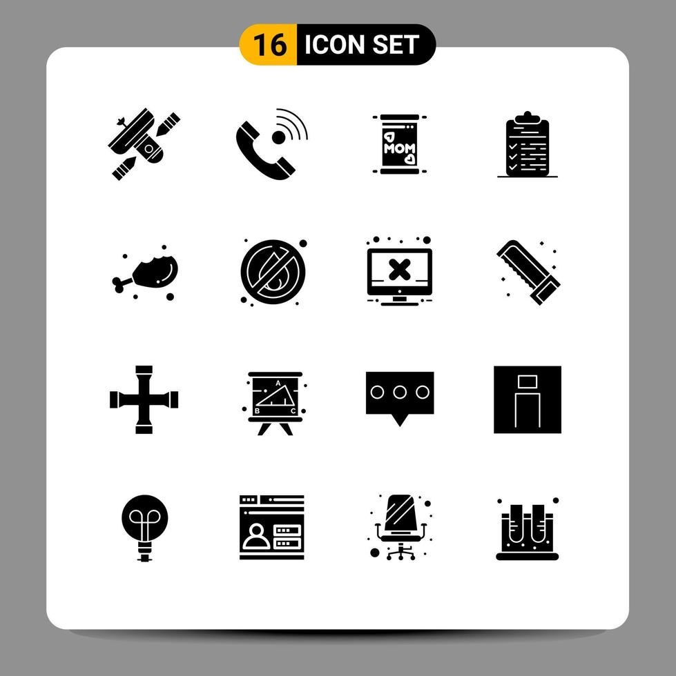 Group of 16 Modern Solid Glyphs Set for file task incoming clipboard mother Editable Vector Design Elements