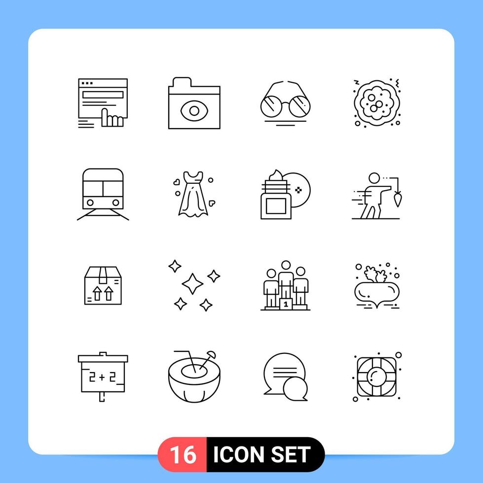 Pictogram Set of 16 Simple Outlines of subway pie glasses food cake Editable Vector Design Elements