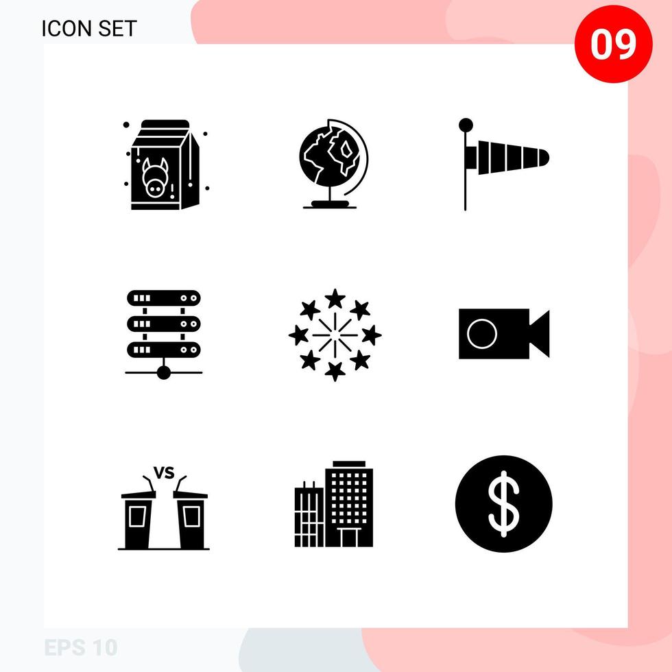 Modern Set of 9 Solid Glyphs Pictograph of celebration network map data wind Editable Vector Design Elements