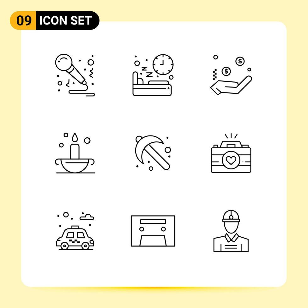 Mobile Interface Outline Set of 9 Pictograms of farming islam time antique hand Editable Vector Design Elements