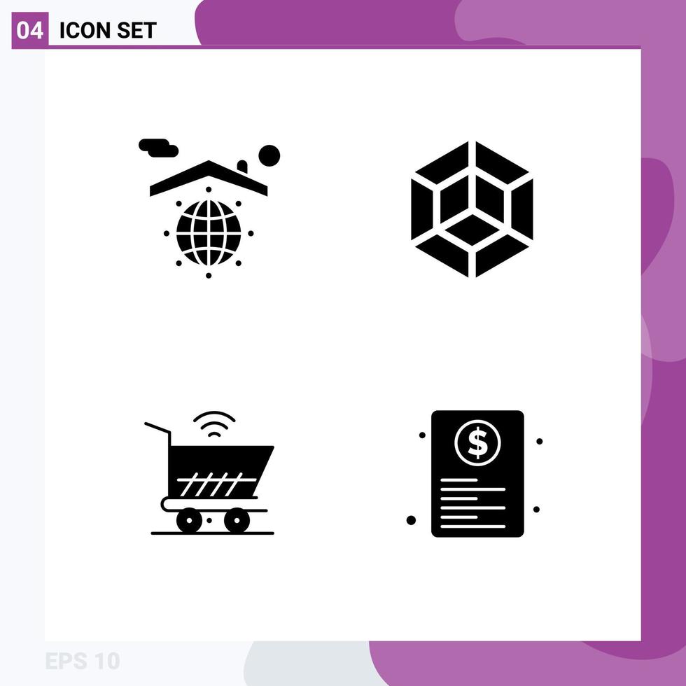 Editable Vector Line Pack of 4 Simple Solid Glyphs of earth cart safe crypto shopping Editable Vector Design Elements