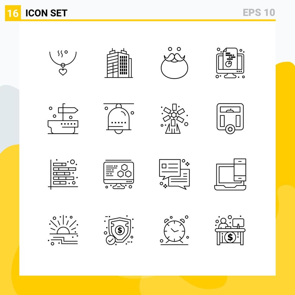 Group of 16 Modern Outlines Set for document monitor moustache computer beared Editable Vector Design Elements